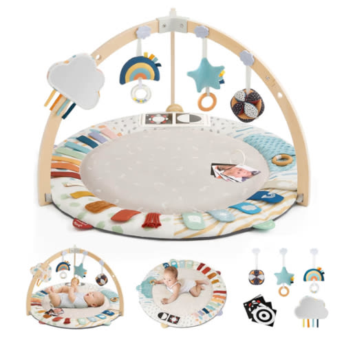 Blissful Diary Baby Play Gym & Activity Mat, 5 Developmental Zones Wooden Tummy Time Mat with 6 Detachable Sensory Toys for Motor Skills & Sensory Development, Baby Essentials Shower Gift