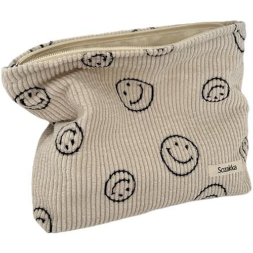 Organization Bags for Women - Corduroy Cosmetic Bag Aesthetic Women Handbags Purses Smile Dots Makeup Organizer Storage Makeup Bag Girls Case Bags (A-Beige)
