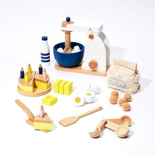 KiwiCo Bake-a-Cake Stand Mixer: Baking Set | Learn Early Math with Wooden Kitchen Play Set | Includes Cake, Stand Mixer, Measuring Spoons, Flour and Sugar, Play Mat, Recipe Cards