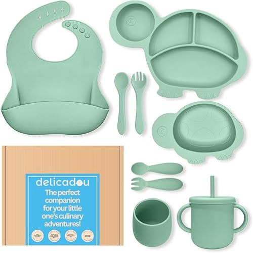 Baby Led Weaning Supplies - Silicone Baby Feeding Set - Ultra Complete Silicone Suction Plate Set. 9 Pieces Toddler Baby Dish Set - First Stage Solid Food Eating Baby Utensils. 6+ Months. Turtle Shape