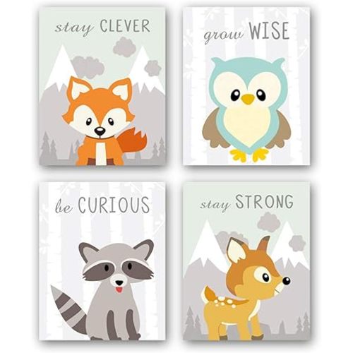 CHDITB Woodland Animals Art Print, Adorable Fox Owl Racoon Deer Wall Art Painting, Set of 4(8x10inches) Canvas Cartoon Inspirational Forest Animal Picture for Kids Room Nursery Decor