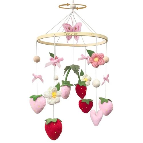 Strawberry Baby Crib Mobile for Girls Pink Bow Nursery Decor | Handmade Bedroom Hanging Flowers and Butterflies Mobile for Crib Baby Girl Strawberry Shortcake Decor Newborn Gift