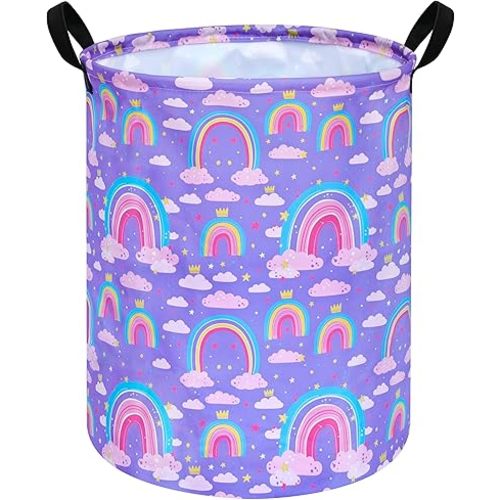 19.7 Inch Purple Rainbow Round Kids Round Laundry Clothes Hamper Dino Laundry Basket with Handles,Baby Toys Storage Organizer Bins Laundry Gift Basket for Boys and Girls Room, Bedroom Decor