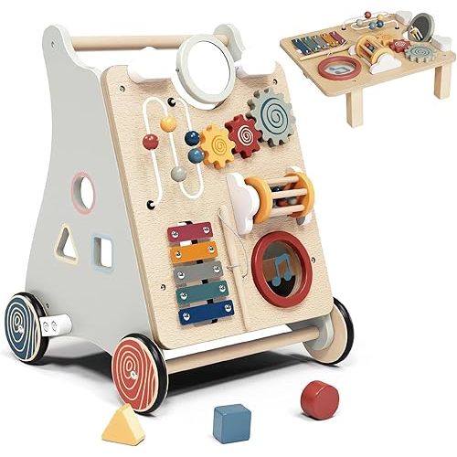 Baby Push Walker with Detachable Busy Board, Wooden Baby Walker with Adjustable Speed Wheels, Montessori Push Walker for Babies, Push Walking Toys for Boys & Girls 1 Year Old, Gifts for Toddler