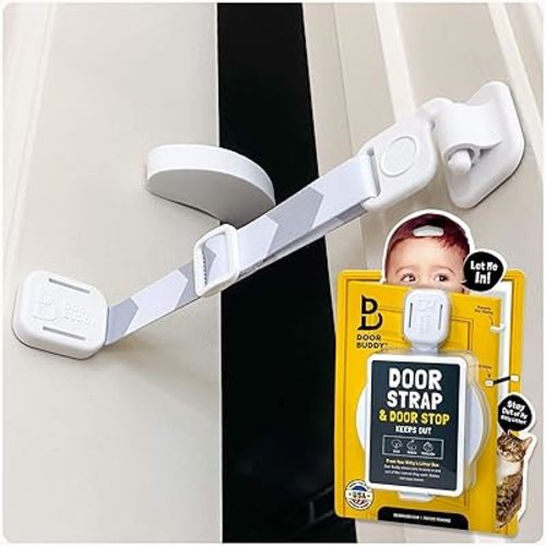 Door Buddy Child Proof Door Lock & Cat Door Stopper. Adjustable Door Strap Latch to Baby Proof Door & Keep Toddler out of Cat Food & Litter Box. Easy Pet & Baby Gate with Cat Door Interior Alternative