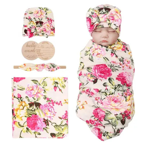 Newborn Receiving Blanket with Bow Hat Headband Wooden Card Set Newborns Toddler Baby Boy Girl Nursery Swaddle Wrap