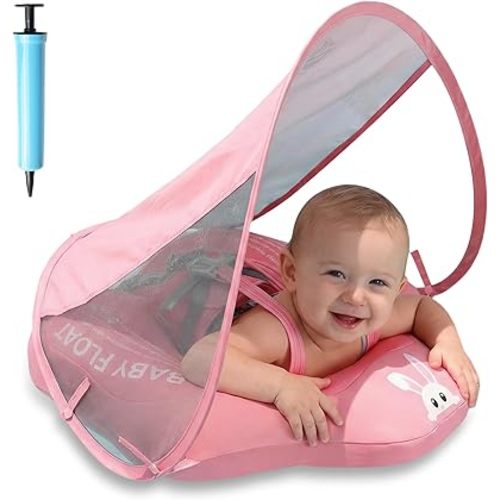 Baby Pool Float with Canopy UPF50+ Sun Protection, Soft Fabric-Covered Baby Floats with Safety Seat, No Flip Over Baby floatie for Age 6-36 Months, Infant Pool Float for Toddler Boys and Girls