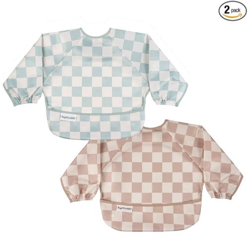 Long Sleeve Bib for Babies&Toddlers|2-Pack Waterproof Smock Bib for Eating|Machine Washable&Mess-Proof Feeding Essentials|Newborn Shower Gift(Sage,Beige Checkers,6-24M)