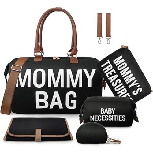 printe 6pcs Large Diaper Bag Tote with Changing Pad & 2 Organized Pouches, Mommy Bag for Hospital with Pacifier Case, Straps, Stroller Hook, Baby Diaper Bag for Weekender Travel