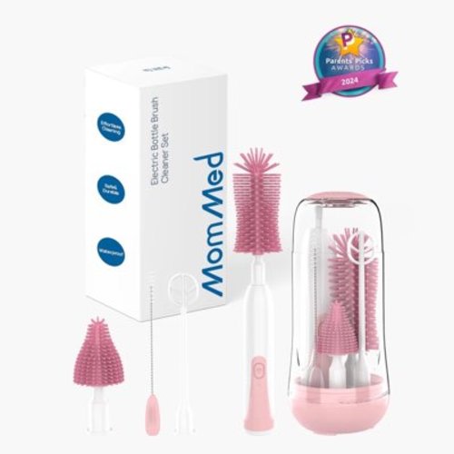 MomMed Electric Bottle Brush Cleaner Set – Rechargeable Baby Bottle Cleaning Kit with 3 Brush Heads, 360° Rotating Scrubber for Bottles, Nipples & Cups – BPA-Free, Waterproof & Portable Design,Pink