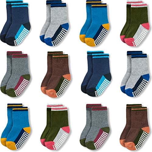 JAKIDAR 12 Pack Baby Toddler Socks Non Slip Grip Cotton Crew Socks for Boys Girls Infants Kids