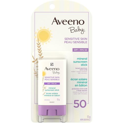 Aveeno Baby Sensitive Skin Mineral Sunscreen Stick SPF 50 with 100% mineral active ingredient, for Face & Body, Sweat- & Water-Resistant Kids Sunscreen Stick, Travel Size, 13g