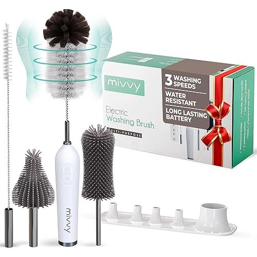 Electric Bottle Brush Cleaner, Bottle Brush Electric Set, 3-Speed Button 360° Efficient Clean, Long-Lasting Battery, 4 Brush Heads, Extended-Reach for Easy Cleaning, Drying Stand Included, Waterproof