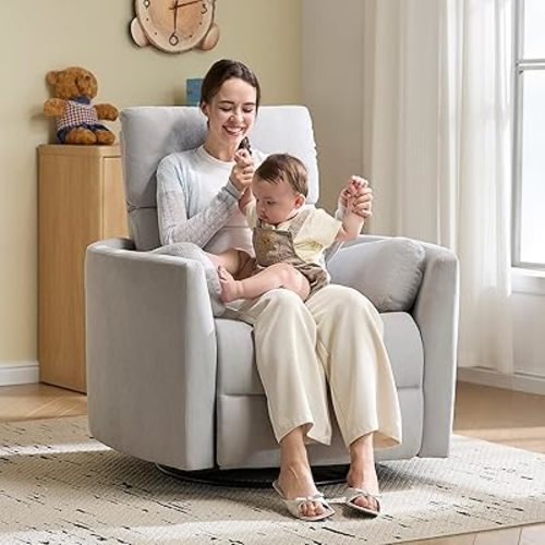 Jocisland Power Rocking Nursery Chair, Oversized Recliner Swivel Glider Chairs for Adults with 2 Pillows, USB & Type-C, Cozy Reclining Armchair Sofa for Living Room, Bedroom, Nursing, Grey Fabric