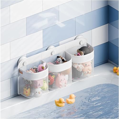 Mesh Bath Toy Storage, Bath Toy Holder for Bathtub, Large Capacity Bath Toy Organizer with 3 Compartment Openings, Hanging Bathtub Toy Storage Basket Bin for Kids Bath Toys (adhesive style)