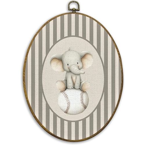 CUANFDDSF Elephant Baseball Nursery Oval Wall Art Decor, Sports Wall Hanging Decor, Neutral Striped Baseball Wild Animal Framed Canvas Prints for Kids Boy Nursery Room Bedroom Playroom, 8.6x11.4 Inch