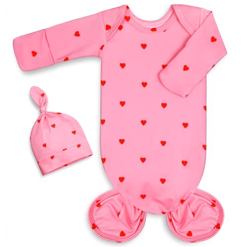 Mikccer Newborn Baby Girl Gown 0-6 Months, Super Soft Newborn Sleepers Gown, Long Sleeve Infant Nightgown for Girls, Baby Girl Outfit Essential with Folding Gloves Hat Set Pink Love