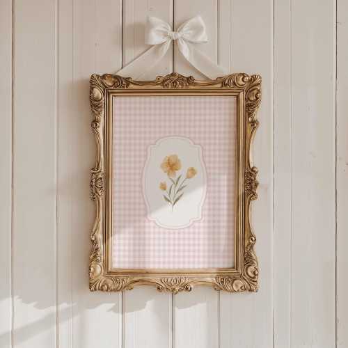 Floral Wall Art Print, Vintage Flowers Painting, Yellow Flowers Print, English Garden Digital Print, Pink Gingham Flower Decor, Girl Nursery