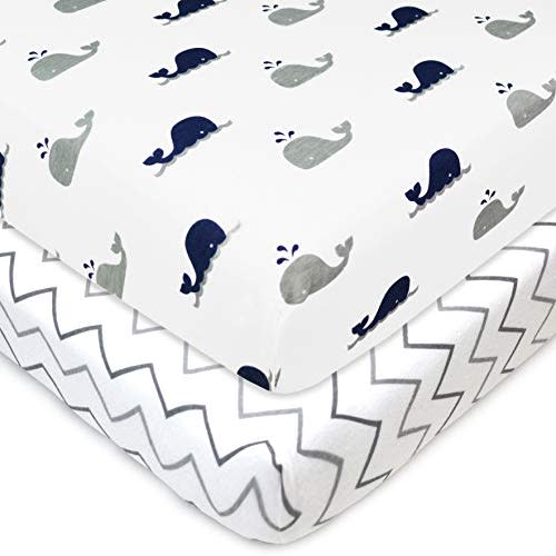 American Baby Company 2 Pack Fitted Mini Crib Sheet 24" x 38", Soft Breathable Neutral 100% Cotton Jersey Portable Sheet, Navy Whale/Gray Zigzag, for Boys and Girls, Fits Most Pack N Play Mattresses