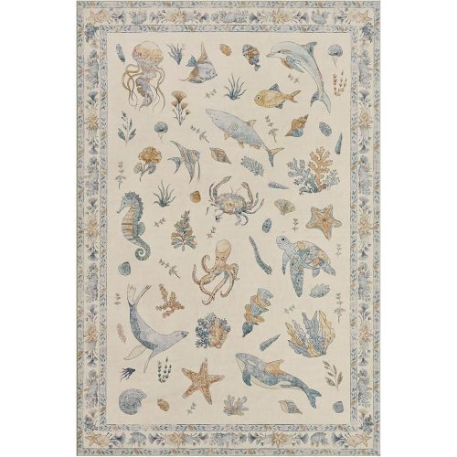 Soft Marine Animal Washable Faux Wool Stain Resistant Runner Rubber Non-Slip Backing for Playroom Bathroom Living Room Bedroom Bedside Beachy Cute Coastal Nautical Nursery Rug (Blue Multi, 6' x 9')