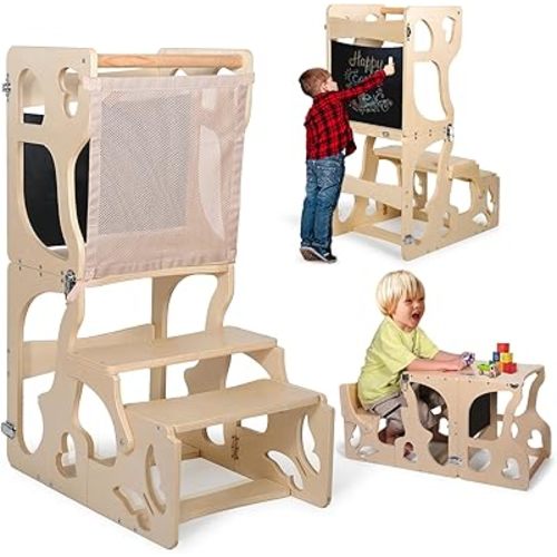 Toddler Tower, Kids Kitchen Step Stool Helper with Safety Net, Foldable Kitchen Learning Standing Stool, Toddler Ladder Anti-tilt Helper Tower for Bathroom Sink and Kid Kitchens Ladder Counter