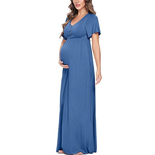 Peauty Maternity Maxi Dress with Decorative Button (S-3XL)/Short Flutter Sleeve Flowy Dress Baby Shower Photoshoot