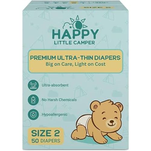 Happy Little Camper Premium Ultra-Thin Diapers, Size 2, 8-15 lbs, 50 Count | Ultra-Absorbent Disposable Baby Diapers for Sensitive Skin | Hypoallergenic, Fragrance-Free, Totally Chlorine Free