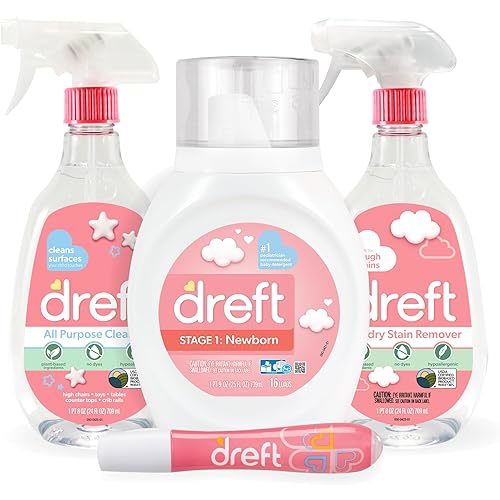 Baby Gifts Set by Dreft, Baby and Mom Gift Set with Liquid Laundry Detergent, Laundry Stain Remover, Stain Remover Pen & All Purpose Cleaner Spray, Great for Baby Showers