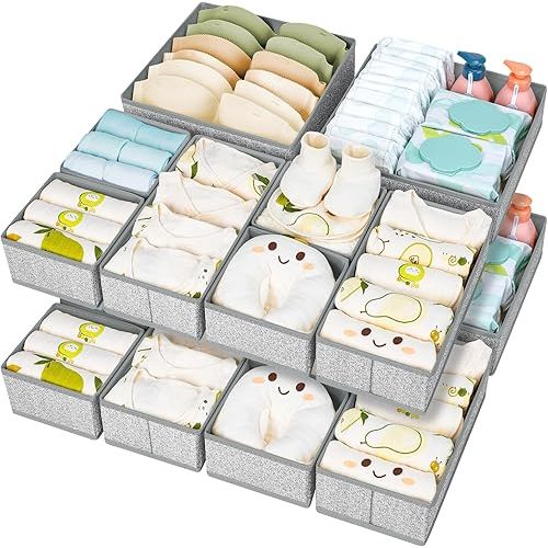 DIMJ Drawer Organizer Clothes 15 Pack - Foldable Baby Organizers and Storage & Dresser Organizer for Bedroom, Closet - Nursery Organization Dresser Dividers for underwear Sock Bra Belt Tie, Gray