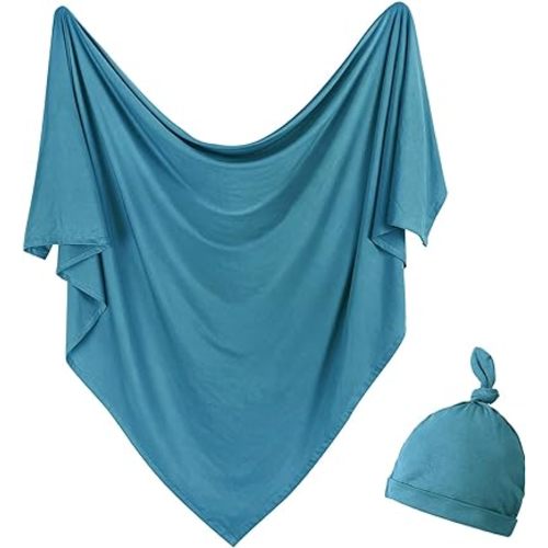Newborn Swaddle Blanket with Hat Set Baby Swaddle Set Hospital Receiving Blankets for Girls Boys(Teal)