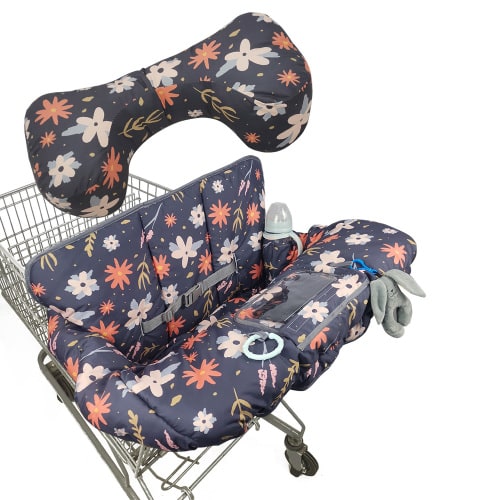 Shopping cart cover with removable pillow for baby boy & girl, kids high chair cover, with Cellphone Holder,Infant Grocery Cart Cushion, Flowers
