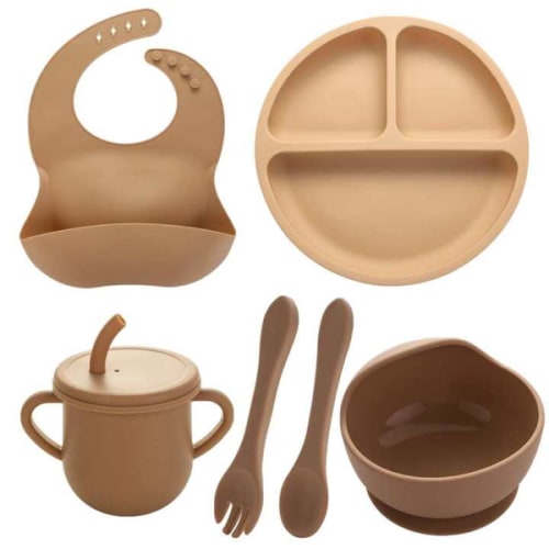 6pcs Simple Silicone Dining Sets, Classic Durable Camel Cutlery and Cup Sets For Babies