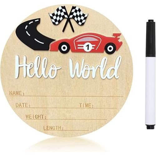 Baby Announcement Sign, 5.9 Inch Wooden Hello World Newborn Sign,Welcome Baby Signs,Birth Announcement Signs,Newborn Name Personalized for Photo Prop race car Design Hospital Nursery (White,Red car)