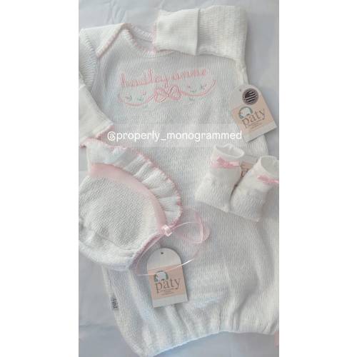 Paty Pink Baby Gown /Bonnet / Booties / Monogram Girl Gown / Newborn Girl Coming Home Outfit/ Layette Set /Baby Shower Gift