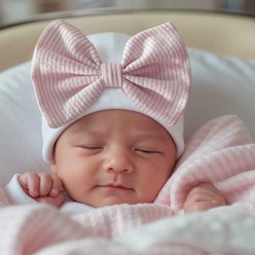 Newborn Girl Hospital Hat: Pink Seersucker Bow, Double Ply
