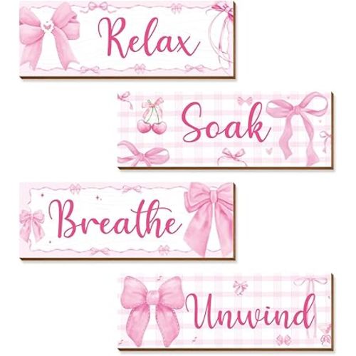 4 Pcs Pink Wall Decor, Pink Bathroom Room Decor for Teen Girls, Relax Soak Unwind Breathe Wooden Wall Art Decor, Coquete Bow Wall Hanging Signs