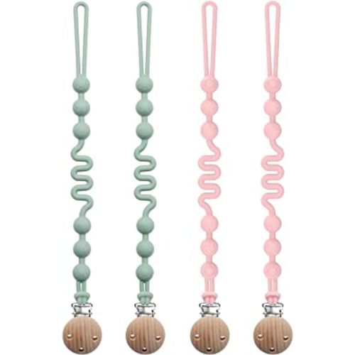 Silicone Pacifier Clip with Adjustable Spring, 4 Pack Extra Long Pacifier Holder Clips for Baby Boys and Girls, Seposeve Soft Flexible Pacifier Leashes with 3 Textures, 2 Green + 2 Pink