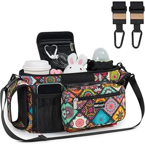 TOPDesign Universal Baby Stroller Organizer, Stroller Caddy with Heightened Insulated Cup Holders & Non-Slip Secure Hooks Accessories, Fits Most Strollers, Machine Washable (Yoga)