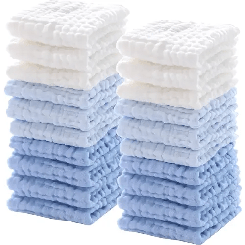 20 Pcs Baby Muslin Washcloths Natural Cotton Wipes Soft Newborn Baby Face Towel Absorbent Muslin Washcloth for Sensitive Skin 12 x 12 Inch(White, Light Blue, Blue)