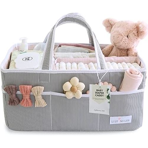 Lily Miles Baby Diaper Caddy Organizer, Girl Nursery Storage Basket with 8 Pockets, Baby Organizer and Storage, Easy-to-Clean Fabric, Large, Pink Blush