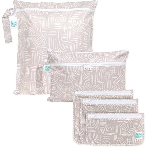 Bumkins Waterproof Wet Bag and Packing Pouches, TSA Airline Compliant, Pack for Baby, Travel, Swim Suit, Cloth Diapers, Pump Parts, Pool, Gym Clothes, Toiletry, Daycare, Zip Bag, 5-pc Set Boho Beige