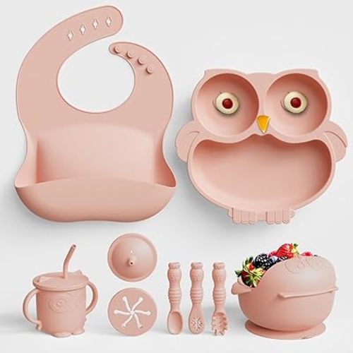 13Pcs Silicone Baby Feeding Set - Baby Spoon, Baby Bowls, Baby Plates with Suction, Baby Bib, Toddler Cups with Replaceable Lids (Pink)