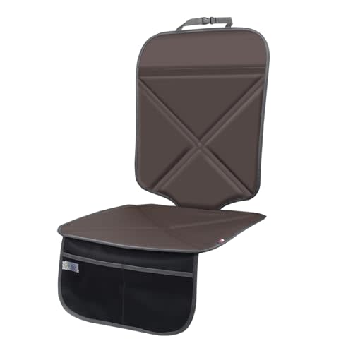 Car Seat Protector Leather Waterproof Child Safety Seat Protector Cover with Thick Pad and 2 Large Pockets Durable Kick Mat for All Auto Seat (Brown)