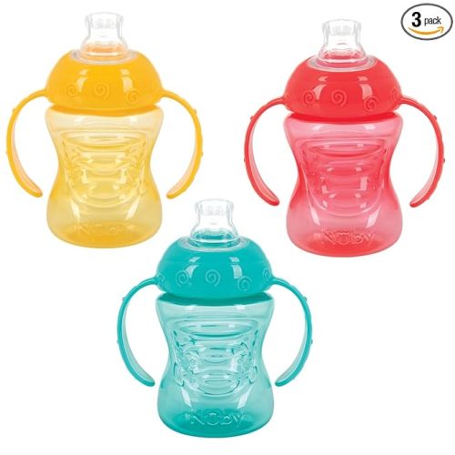 Nuby 3 Pack Two Handle No Spill Toddler Sippy Cups - Toddler Cups Spill Proof with Easy and Firm Grip - Aqua, Yellow, Coral