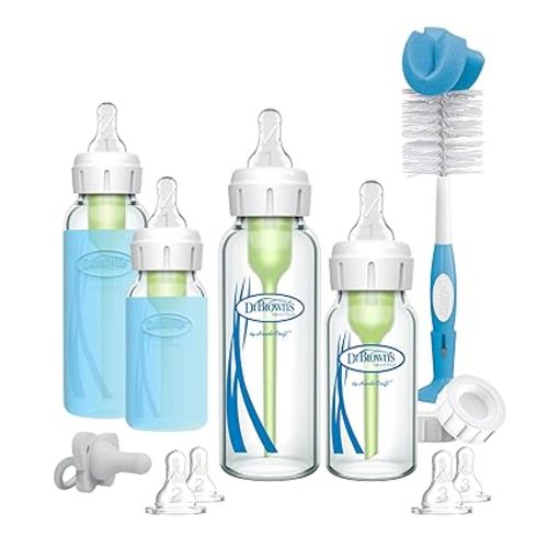Dr. Brown's Natural Flow Anti-Colic Options+ Narrow Glass Baby Bottle Starter Set with Silicone Bottle Sleeves, Brush & Soft 100% Silicone HappyPaci Pacifier for Newborns, 0m+