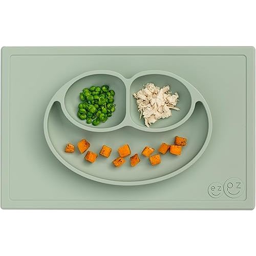 ezpz Happy Mat - 24 Months+ (Sage) - 100% Silicone Suction Plate with Built-in Placemat for Toddlers + Preschoolers - Divided Toddler Plates - Toddler Essentials