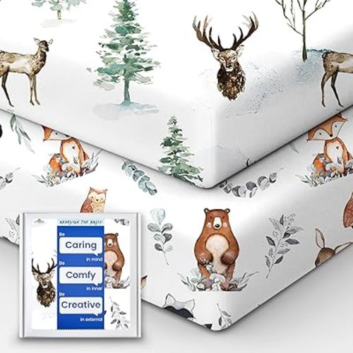 Crib Sheet Netural, Premium Soft Jersey Knit Fitted Crib Sheet, Crib Mattress Sheet, 28''x52''x9'' Extra Deep Pocket (Deer & Bear)