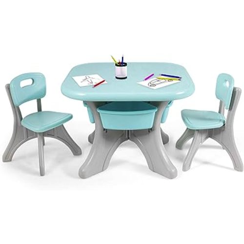 Costzon Kids Table and Chair Set, 3 Piece Activity Table w/Detachable Toy Storage Bins & 2 Chairs for Children Reading Art Craft, Strong Bearing Capacity, Lightweight for Toddler, Green