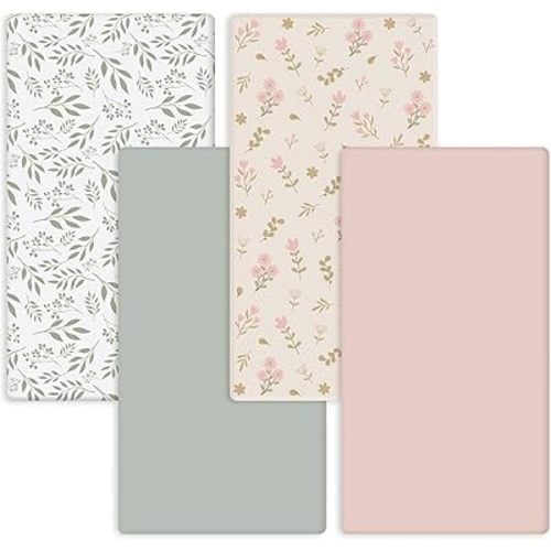 Hahafelt 4 Pack Boho Floral Baby Crib Fitted Sheet for Girls 52'' x 28'' Pink Floral Green Leaf Stretchy Fitted Crib Mattress Sheet Wildflower Baby Bedding for Standard Mattress Gift Set