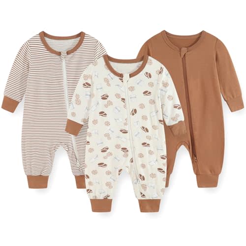 falianni 3 Pack Cartoon Baby Unisex Jumpsuits Comfy Solid Color New born Boy Girl Rompers Long Sleeve Zipper Infant Colthes